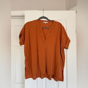 Madewell Burnt Orange Boxy V-Neck Blouse with Cuffed Sleeves
